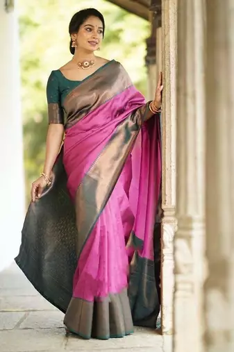 Green onion silk blend jacuard work festival saree with unstitched blouse piece