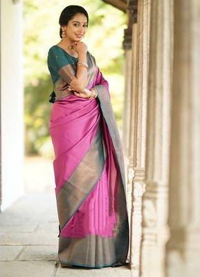 Green onion silk blend jacuard work festival saree with unstitched blouse piece 3
