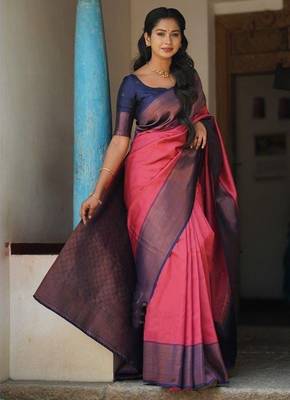 Rani pink blue silk blend jacuard work festival saree with unstitched blouse piece 1