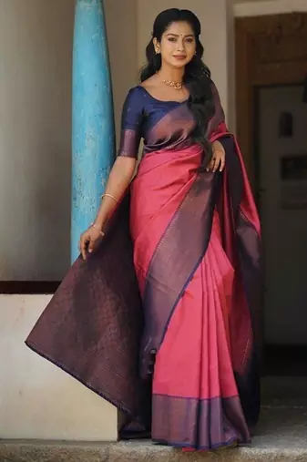 Rani pink blue silk blend jacuard work festival saree with unstitched blouse piece