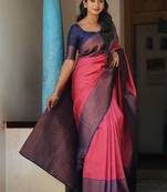 Rani pink blue silk blend jacuard work festival saree with unstitched blouse piece