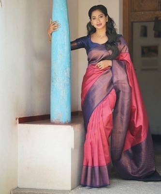 Rani pink blue silk blend jacuard work festival saree with unstitched blouse piece 2