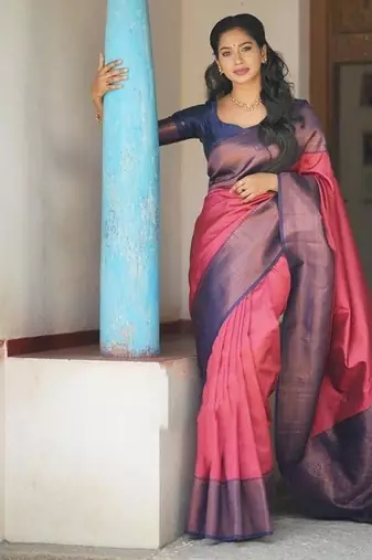 Rani pink blue silk blend jacuard work festival saree with unstitched blouse piece