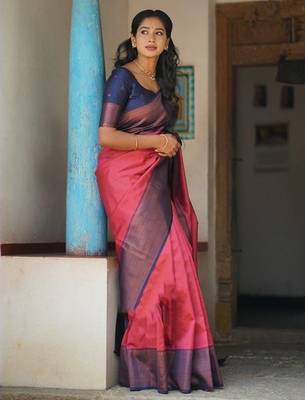 Rani pink blue silk blend jacuard work festival saree with unstitched blouse piece 3