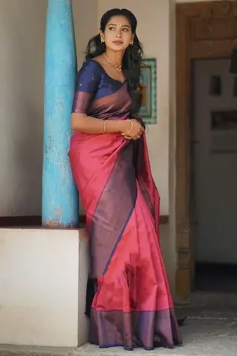 Rani pink blue silk blend jacuard work festival saree with unstitched blouse piece
