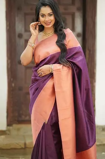 Wine peach silk blend jacuard work festival saree with unstitched blouse piece