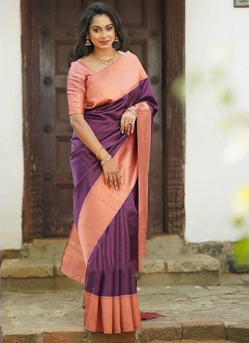 Wine peach silk blend jacuard work festival saree with unstitched blouse piece