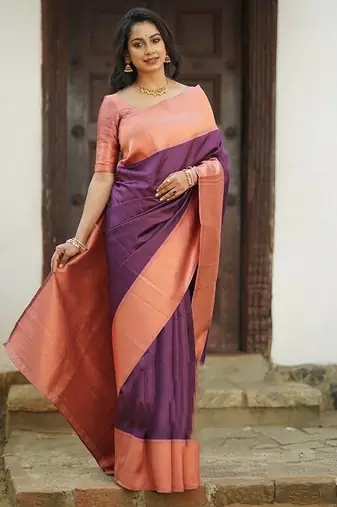 Wine peach silk blend jacuard work festival saree with unstitched blouse piece