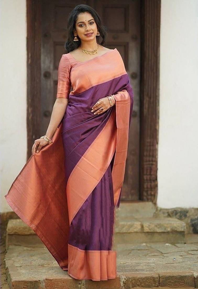 Wine peach silk blend jacuard work festival saree with unstitched blouse piece