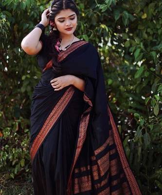 Black silk blend jacuard work festival saree with unstitched blouse piece 1