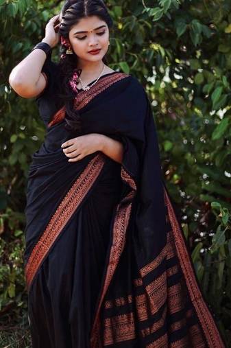 Black silk blend jacuard work festival saree with unstitched blouse piece