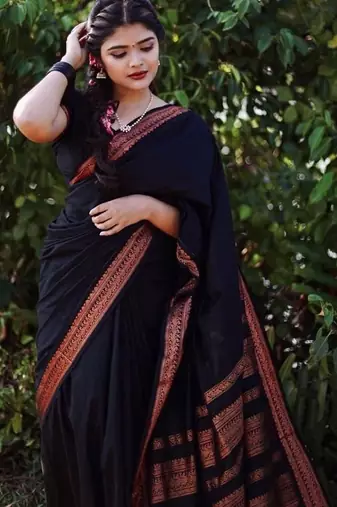 Black silk blend jacuard work festival saree with unstitched blouse piece
