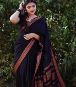 Black silk blend jacuard work festival saree with unstitched blouse piece