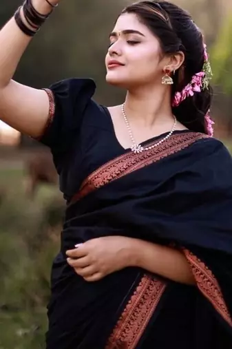 Black silk blend jacuard work festival saree with unstitched blouse piece
