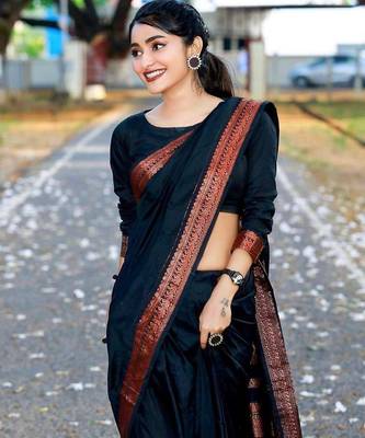 Black silk blend jacuard work festival saree with unstitched blouse piece 1