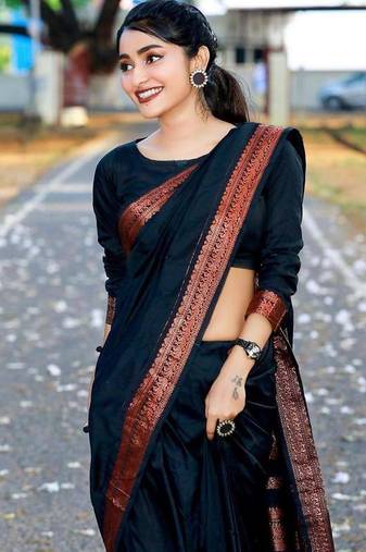 Black silk blend jacuard work festival saree with unstitched blouse piece