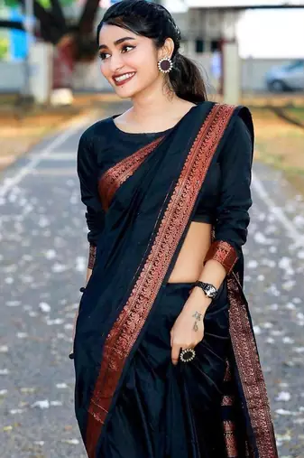 Black silk blend jacuard work festival saree with unstitched blouse piece