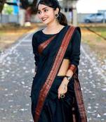 Black silk blend jacuard work festival saree with unstitched blouse piece