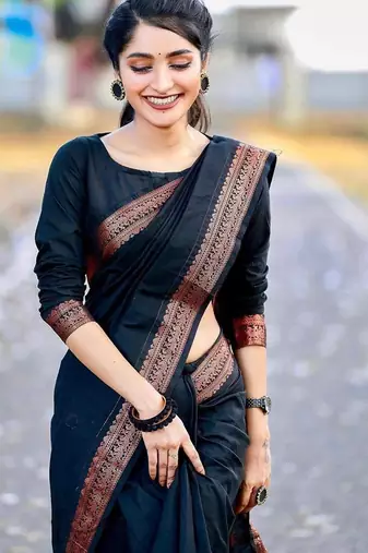 Black silk blend jacuard work festival saree with unstitched blouse piece