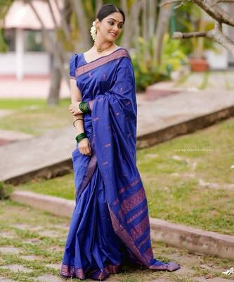 Blue silk blend jacuard work festival saree with unstitched blouse piece 1
