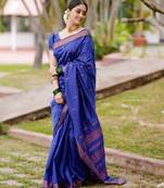 Blue silk blend jacuard work festival saree with unstitched blouse piece