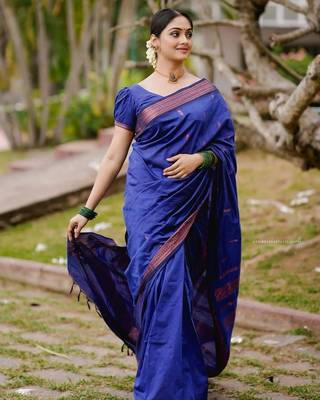 Blue silk blend jacuard work festival saree with unstitched blouse piece 3