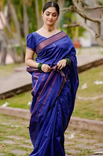 Blue silk blend jacuard work festival saree with unstitched blouse piece