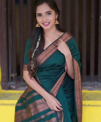Turquoise silk blend jacuard work festival saree with unstitched blouse piece 1