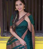 Turquoise silk blend jacuard work festival saree with unstitched blouse piece