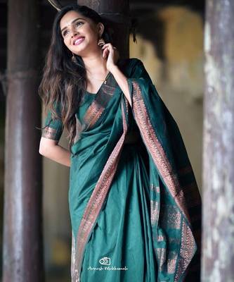 Turquoise silk blend jacuard work festival saree with unstitched blouse piece 2