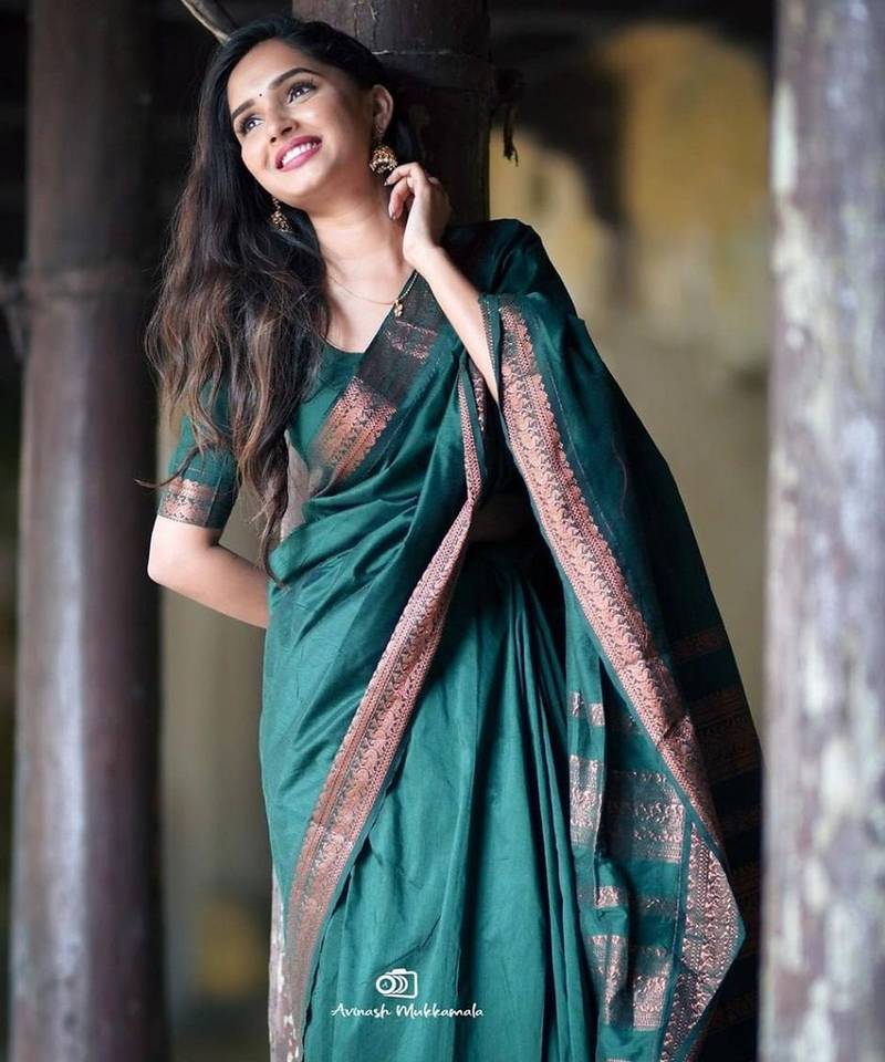Turquoise silk blend jacuard work festival saree with unstitched blouse piece