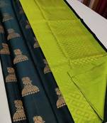 Green parrot silk blend jacuard work festival saree with unstitched blouse piece