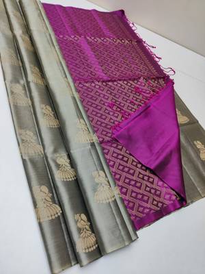 Grey pink silk blend jacuard work festival saree with unstitched blouse piece 1