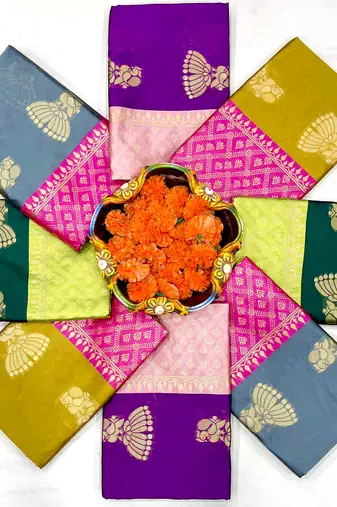 Mustard pink silk blend jacuard work festival saree with unstitched blouse piece