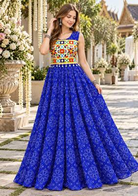 Blue georgette readymade navratri anarkali suit with bandhej & mirror work 1