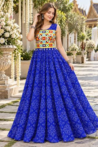 Blue georgette readymade navratri anarkali suit with bandhej & mirror work