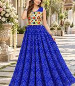 Blue georgette readymade navratri anarkali suit with bandhej & mirror work