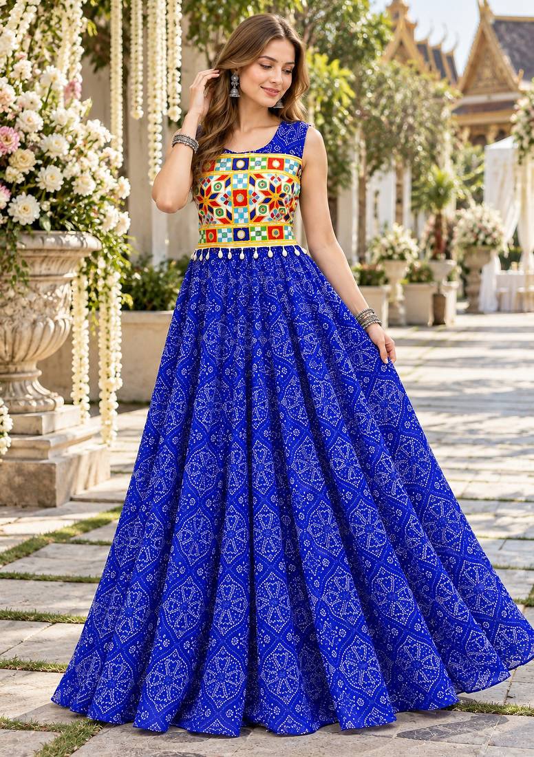 Blue georgette readymade navratri anarkali suit with bandhej & mirror work