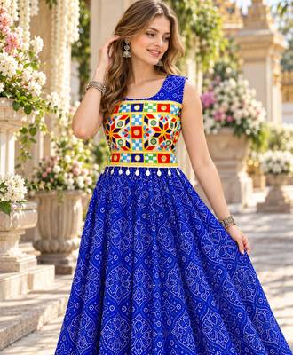 Blue georgette readymade navratri anarkali suit with bandhej & mirror work 2