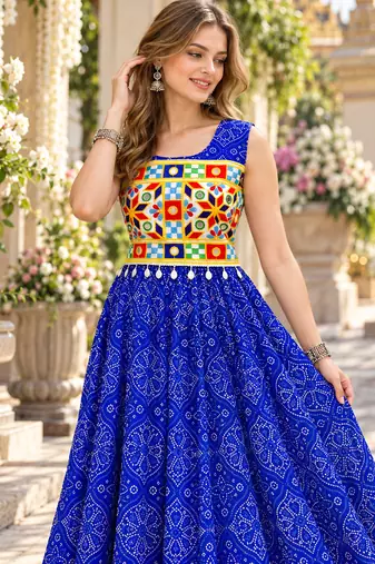Blue georgette readymade navratri anarkali suit with bandhej & mirror work