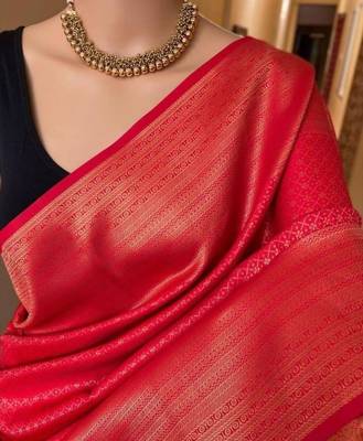 Red silk blend jacuard work festival saree with unstitched blouse piece 1