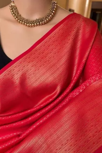 Red silk blend jacuard work festival saree with unstitched blouse piece