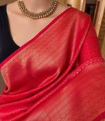 Red silk blend jacuard work festival saree with unstitched blouse piece