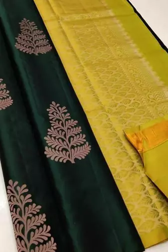 Green yellow silk blend jacuard work festival saree with unstitched blouse piece