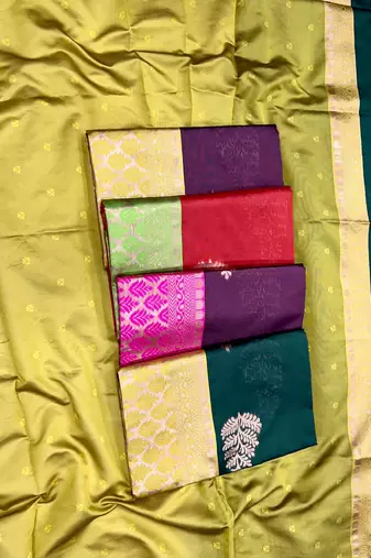 Green yellow silk blend jacuard work festival saree with unstitched blouse piece