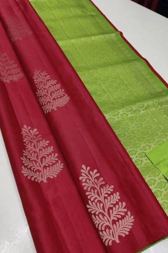 Red parrot silk blend jacuard work festival saree with unstitched blouse piece