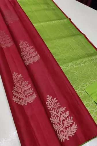 Red parrot silk blend jacuard work festival saree with unstitched blouse piece