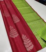 Red parrot silk blend jacuard work festival saree with unstitched blouse piece