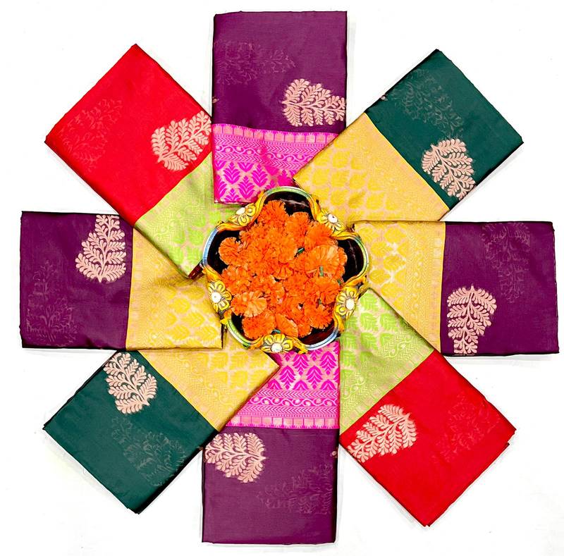 Red parrot silk blend jacuard work festival saree with unstitched blouse piece