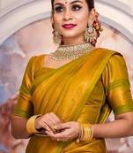 Yellow silk blend jacuard work festival saree with unstitched blouse piece